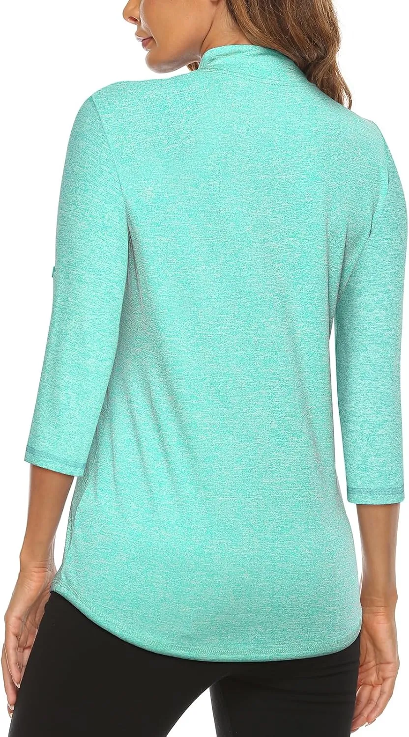 Koscacy Women's 3/4 Roll Sleeve Golf Tennis Polo Shirts UPF50  Half Zip Dry Fit Workout Tops Athletic Shirt