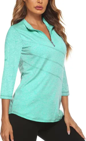 Koscacy Women's 3/4 Roll Sleeve Golf Tennis Polo Shirts UPF50  Half Zip Dry Fit Workout Tops Athletic Shirt
