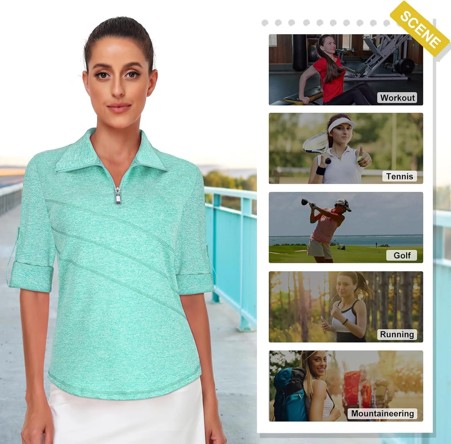 Koscacy Women's 3/4 Roll Sleeve Golf Tennis Polo Shirts UPF50  Half Zip Dry Fit Workout Tops Athletic Shirt