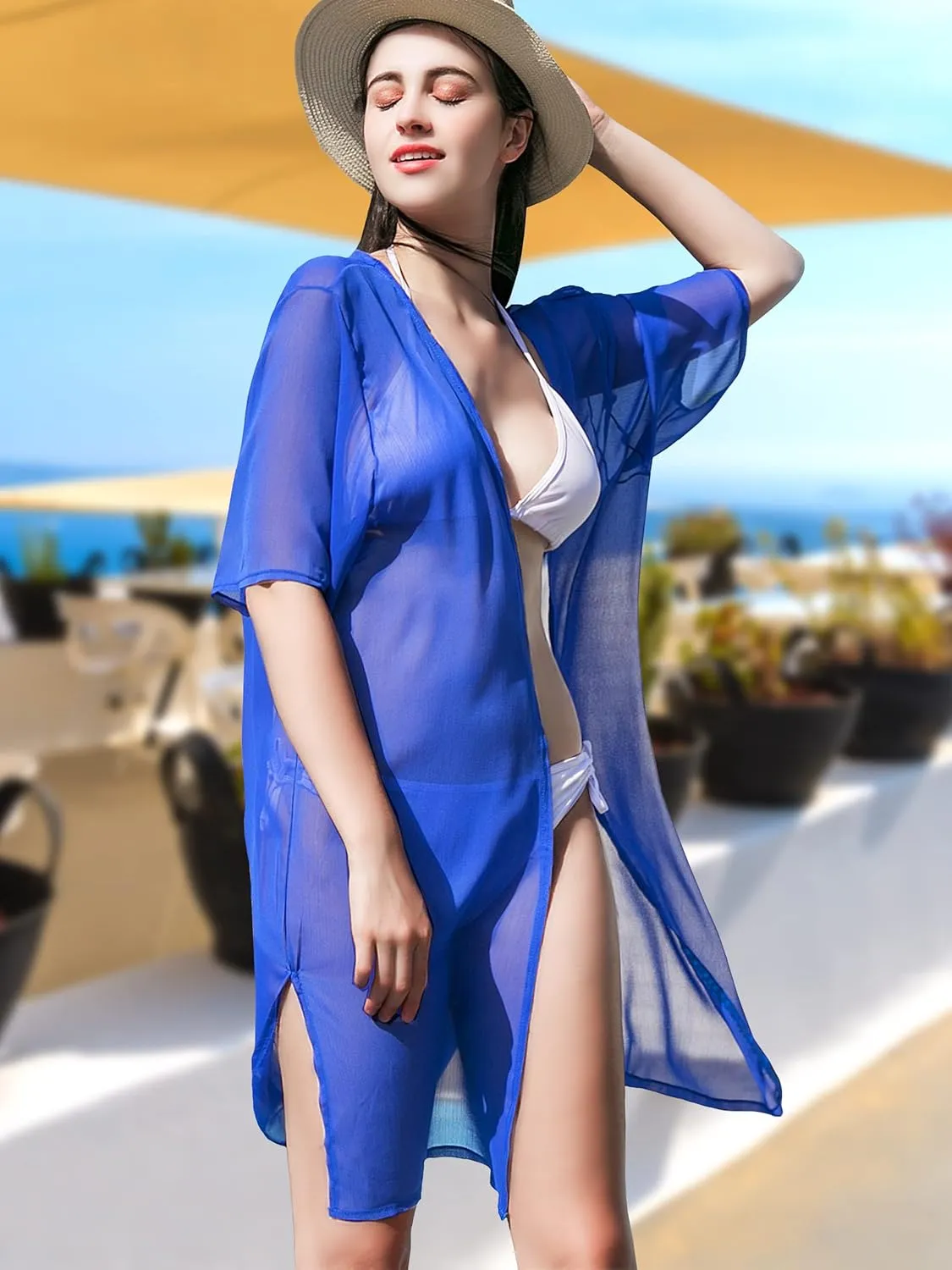 LA CARRIE Women's Chiffon Kimono Cardigan Cover Up with Half Sleeve Summer Sheer Beachwear Swimsuit for Bikini