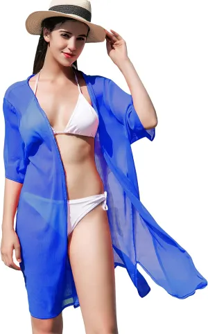 LA CARRIE Women's Chiffon Kimono Cardigan Cover Up with Half Sleeve Summer Sheer Beachwear Swimsuit for Bikini