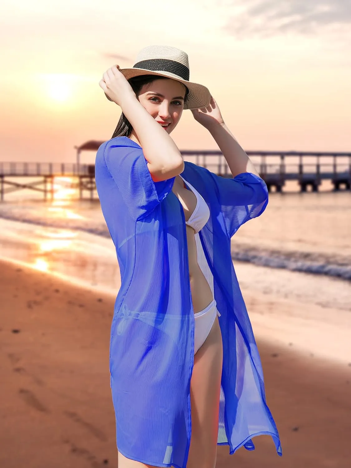 LA CARRIE Women's Chiffon Kimono Cardigan Cover Up with Half Sleeve Summer Sheer Beachwear Swimsuit for Bikini