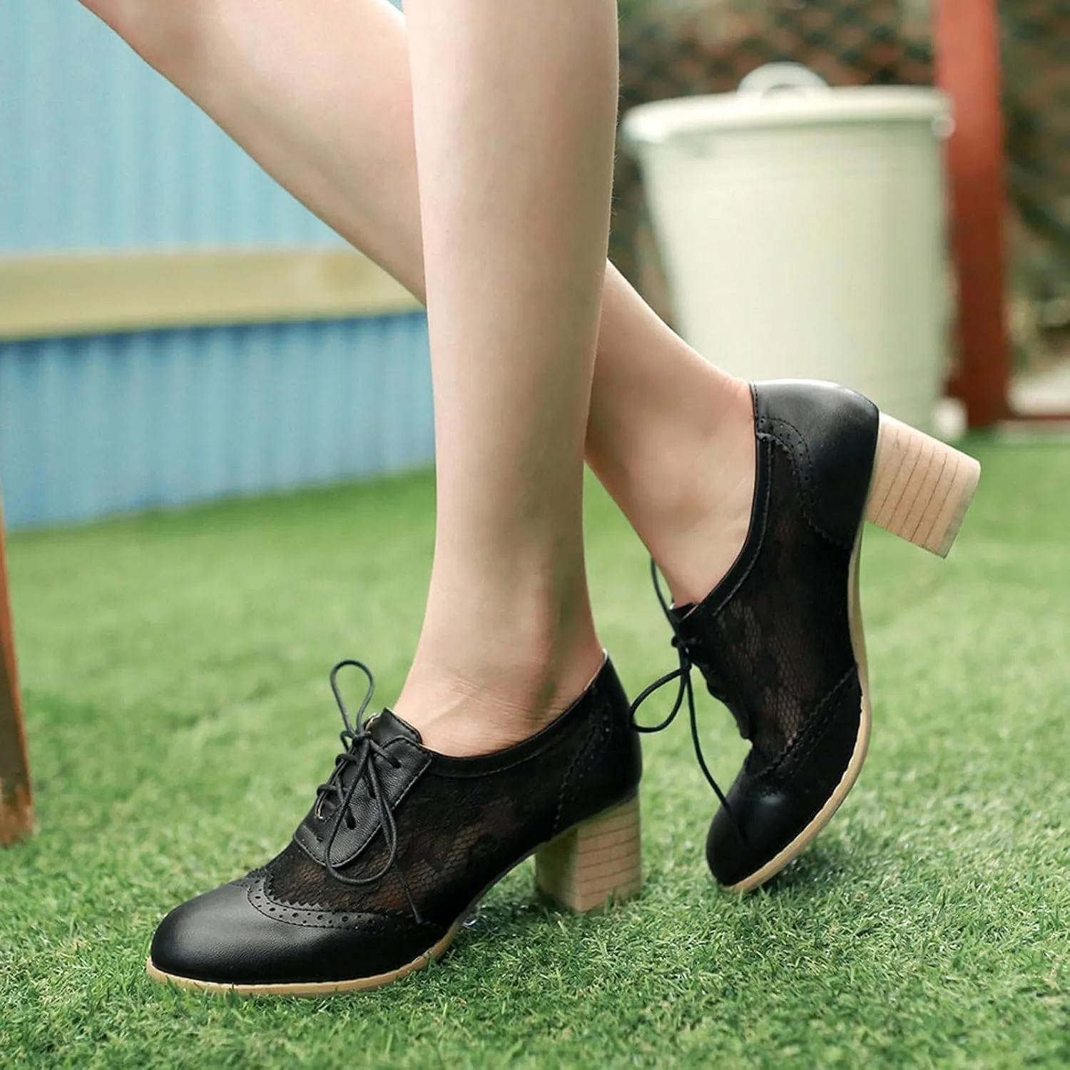 Lace Chunky Heel Oxfords for Women Pointed Toe Wingtip Lace-Up Block Formal Heels Mesh Elegant Work Bridal Dress Shoes