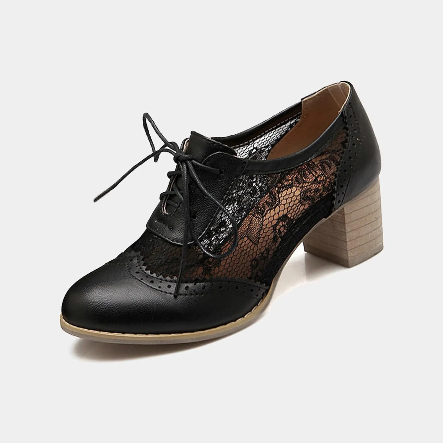 Lace Chunky Heel Oxfords for Women Pointed Toe Wingtip Lace-Up Block Formal Heels Mesh Elegant Work Bridal Dress Shoes