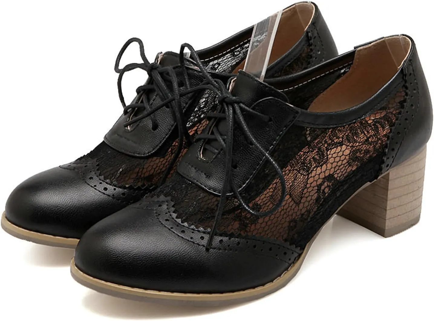 Lace Chunky Heel Oxfords for Women Pointed Toe Wingtip Lace-Up Block Formal Heels Mesh Elegant Work Bridal Dress Shoes