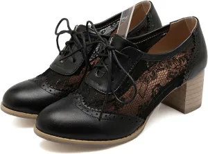 Lace Chunky Heel Oxfords for Women Pointed Toe Wingtip Lace-Up Block Formal Heels Mesh Elegant Work Bridal Dress Shoes
