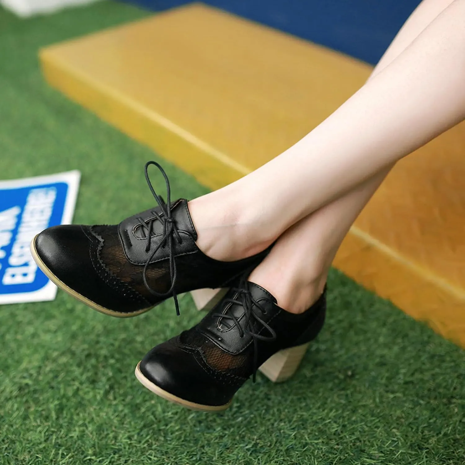 Lace Chunky Heel Oxfords for Women Pointed Toe Wingtip Lace-Up Block Formal Heels Mesh Elegant Work Bridal Dress Shoes