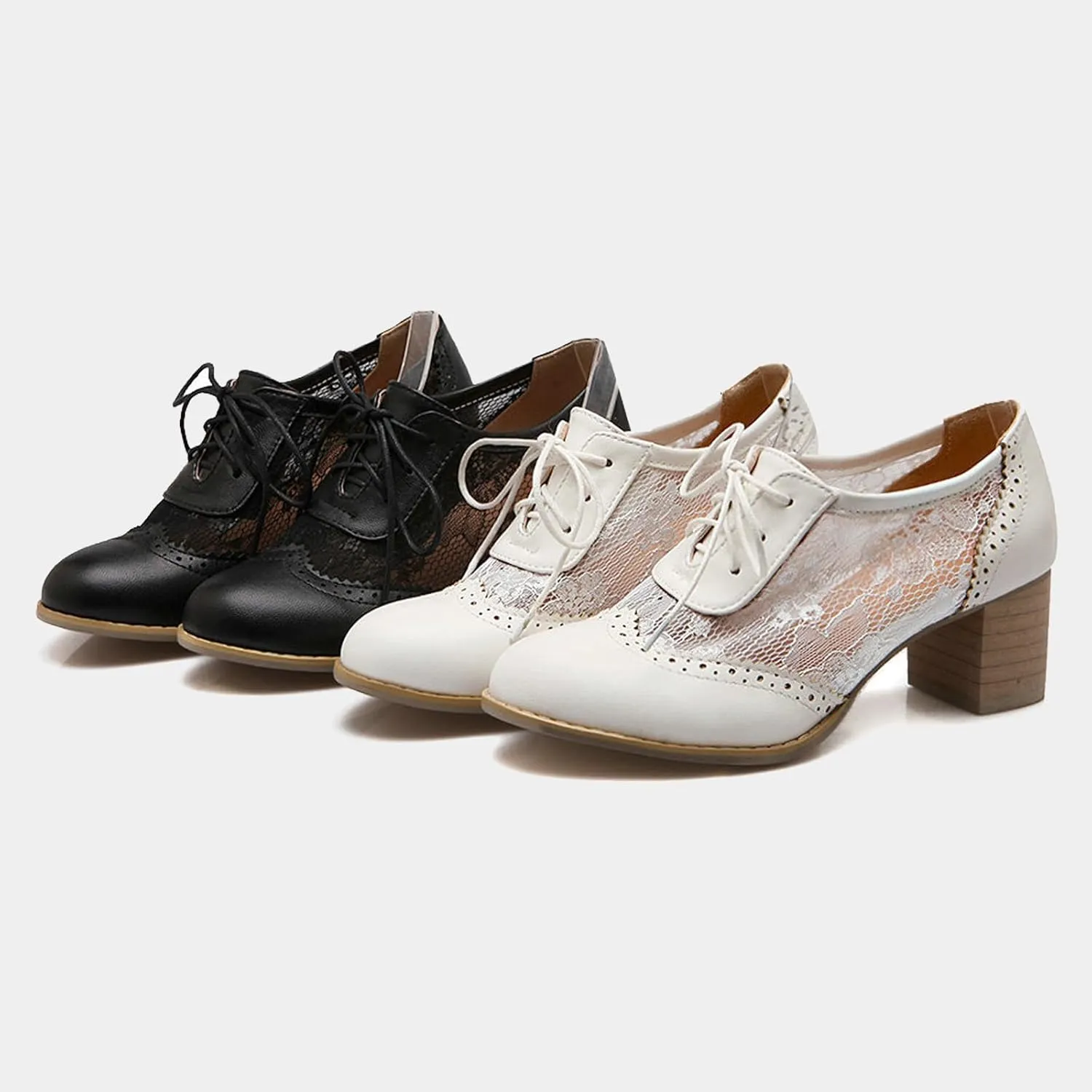 Lace Chunky Heel Oxfords for Women Pointed Toe Wingtip Lace-Up Block Formal Heels Mesh Elegant Work Bridal Dress Shoes