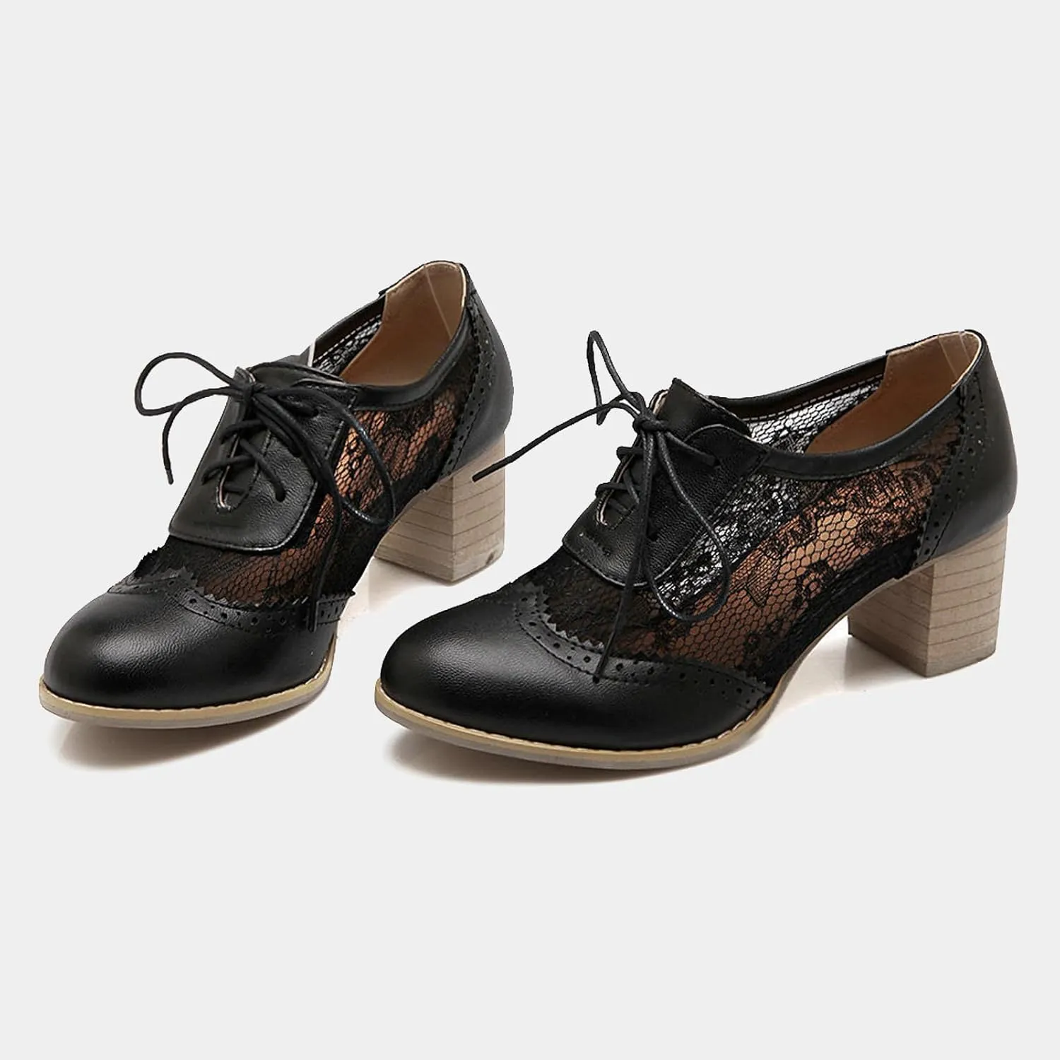Lace Chunky Heel Oxfords for Women Pointed Toe Wingtip Lace-Up Block Formal Heels Mesh Elegant Work Bridal Dress Shoes