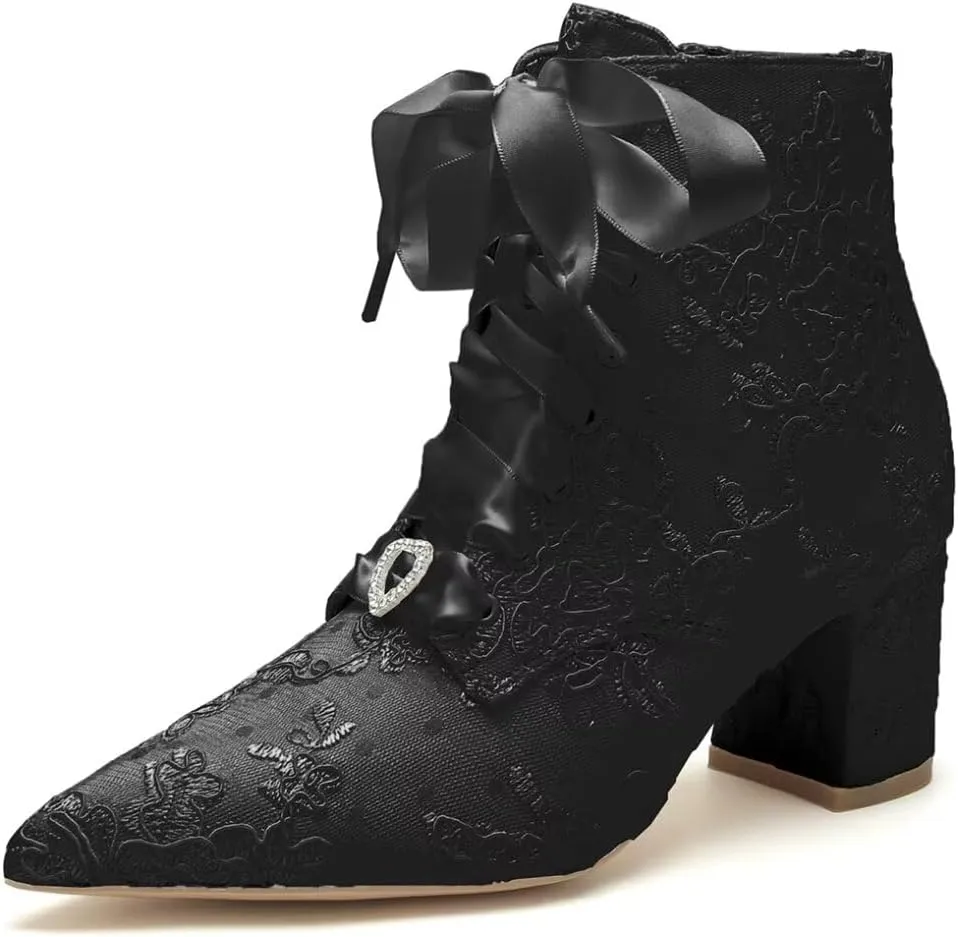 Lace Wedding Boots for Bride Block Heel Wedding Shoes Ankle Boots