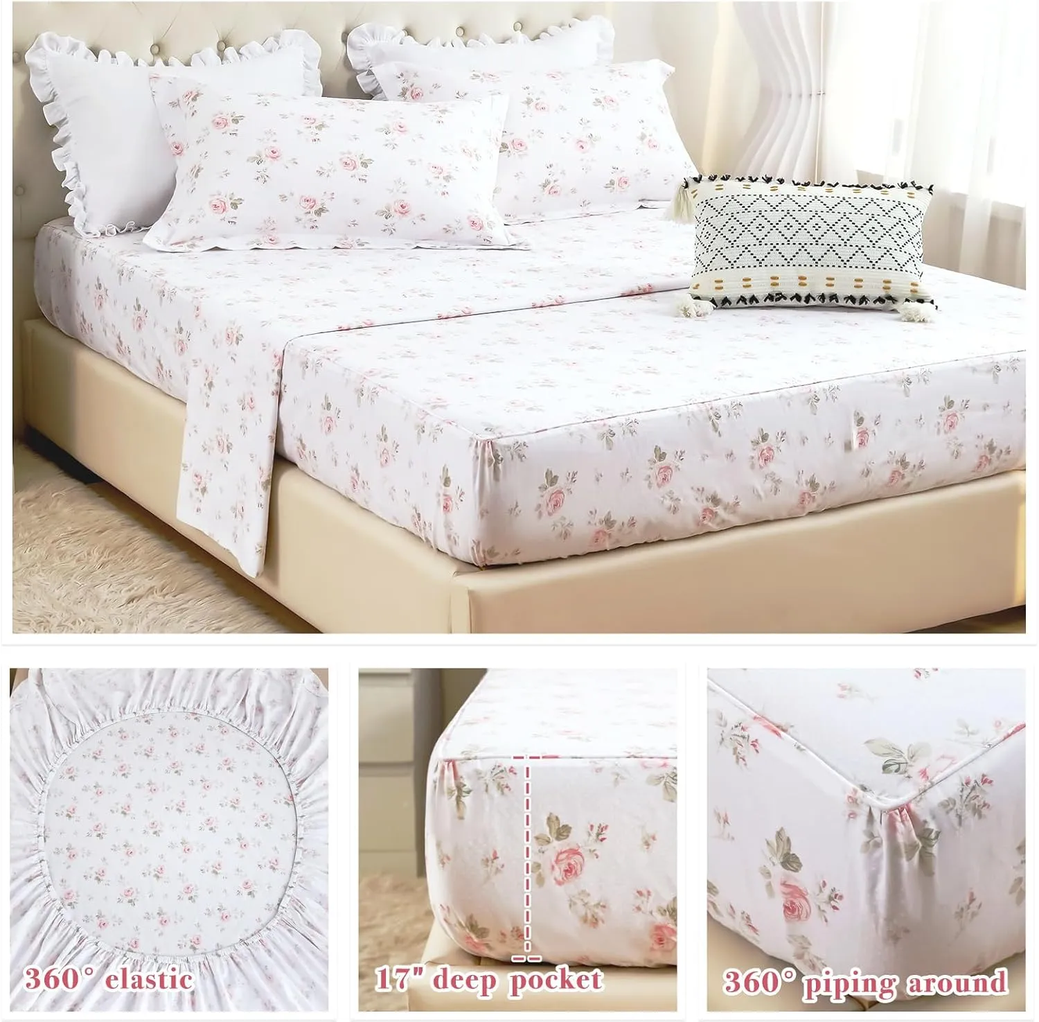 Lady Ann 100% Cotton Floral Queen Sheets Set Deep Pockets, Shabby Vintage Chic Printed Bed Sheets Rose Flower Pattern Cotton Bedding Sheets 4Pcs Extra Soft and Breathable Botanical Sheets
