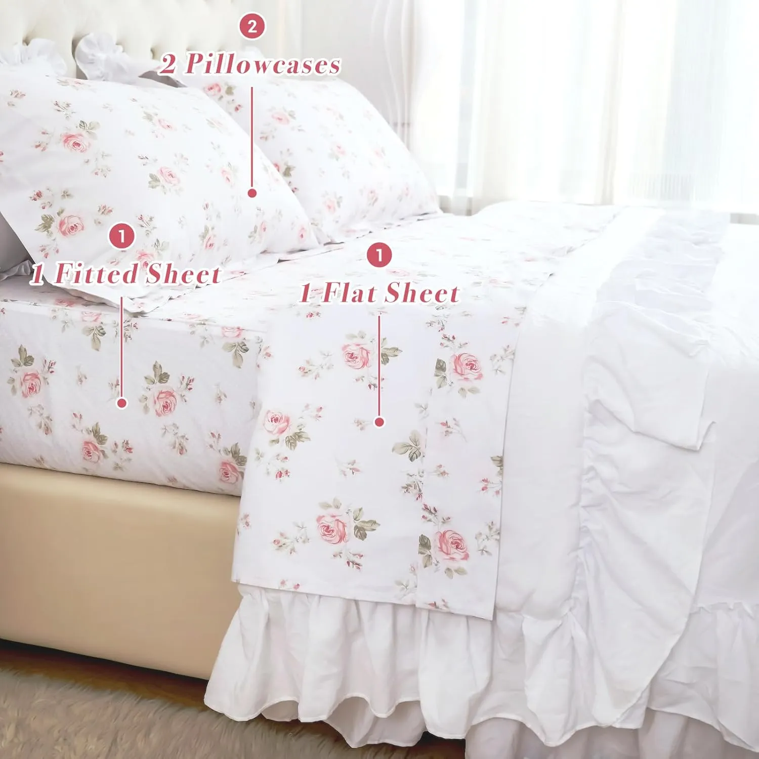Lady Ann 100% Cotton Floral Queen Sheets Set Deep Pockets, Shabby Vintage Chic Printed Bed Sheets Rose Flower Pattern Cotton Bedding Sheets 4Pcs Extra Soft and Breathable Botanical Sheets