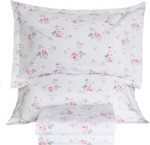Lady Ann 100% Cotton Floral Queen Sheets Set Deep Pockets, Shabby Vintage Chic Printed Bed Sheets Rose Flower Pattern Cotton Bedding Sheets 4Pcs Extra Soft and Breathable Botanical Sheets