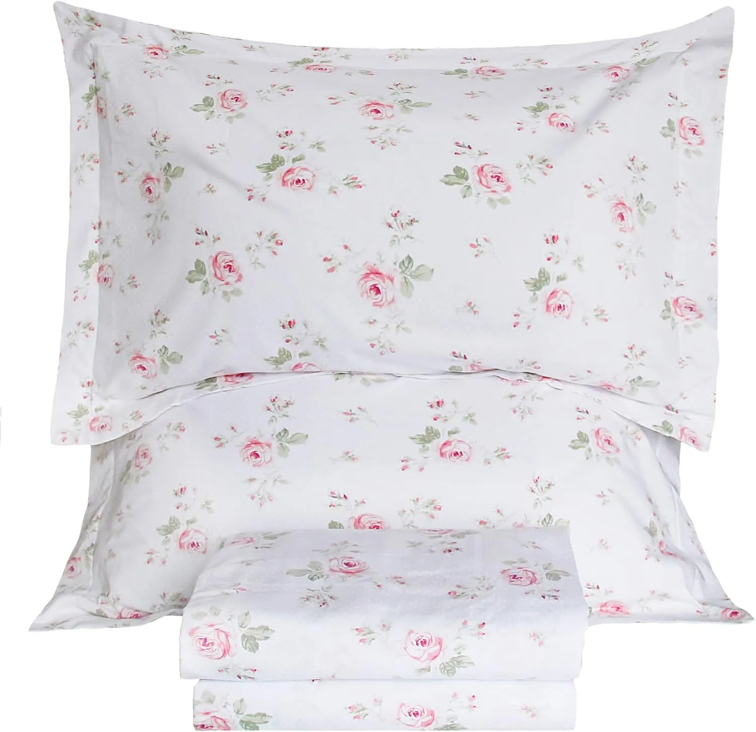 Lady Ann 100% Cotton Floral Queen Sheets Set Deep Pockets, Shabby Vintage Chic Printed Bed Sheets Rose Flower Pattern Cotton Bedding Sheets 4Pcs Extra Soft and Breathable Botanical Sheets