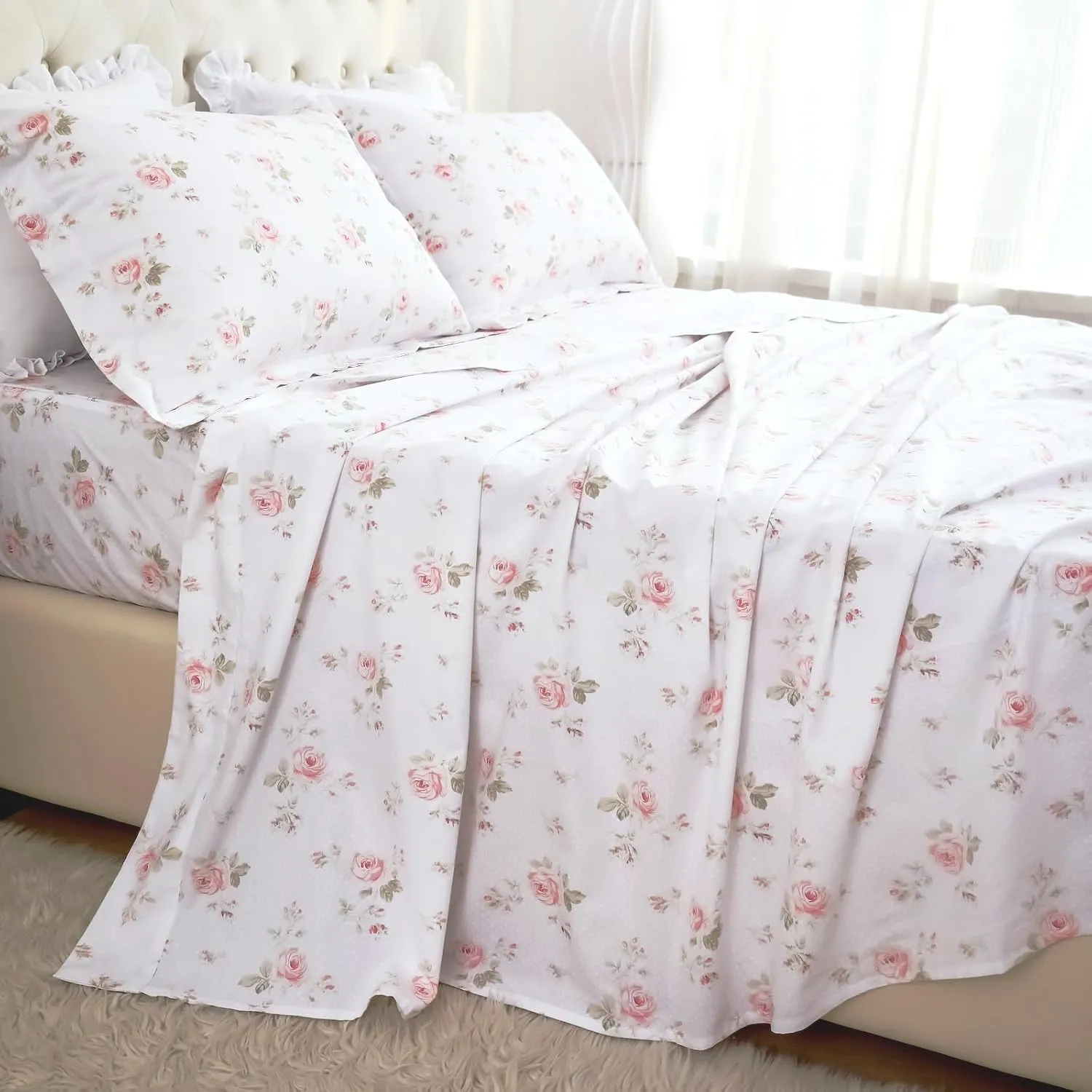 Lady Ann 100% Cotton Floral Queen Sheets Set Deep Pockets, Shabby Vintage Chic Printed Bed Sheets Rose Flower Pattern Cotton Bedding Sheets 4Pcs Extra Soft and Breathable Botanical Sheets