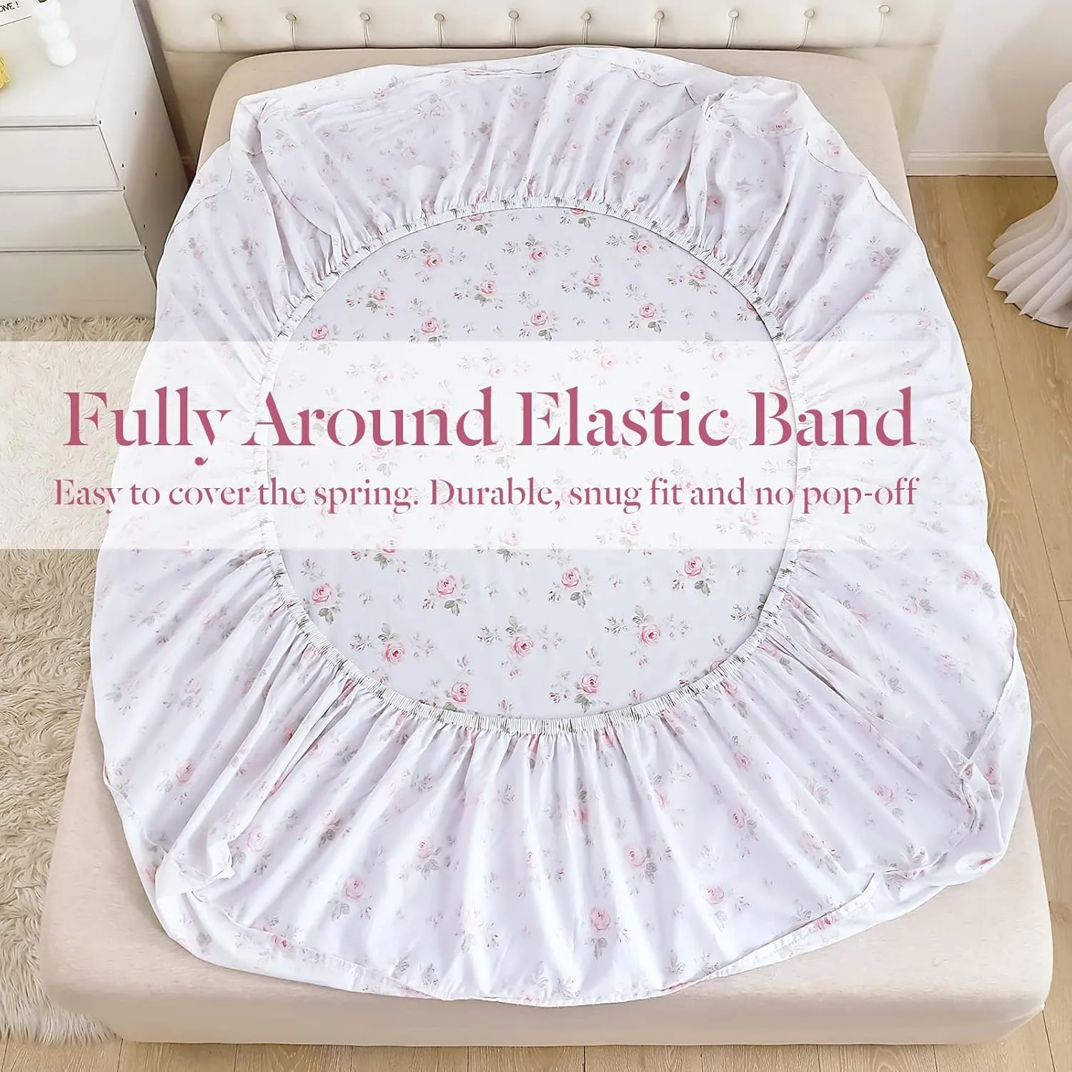 Lady Ann 100% Cotton Floral Queen Sheets Set Deep Pockets, Shabby Vintage Chic Printed Bed Sheets Rose Flower Pattern Cotton Bedding Sheets 4Pcs Extra Soft and Breathable Botanical Sheets