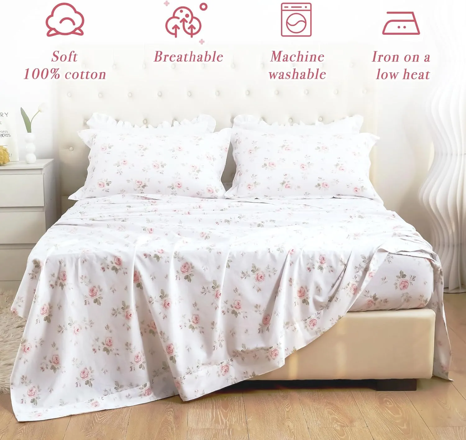 Lady Ann 100% Cotton Floral Queen Sheets Set Deep Pockets, Shabby Vintage Chic Printed Bed Sheets Rose Flower Pattern Cotton Bedding Sheets 4Pcs Extra Soft and Breathable Botanical Sheets
