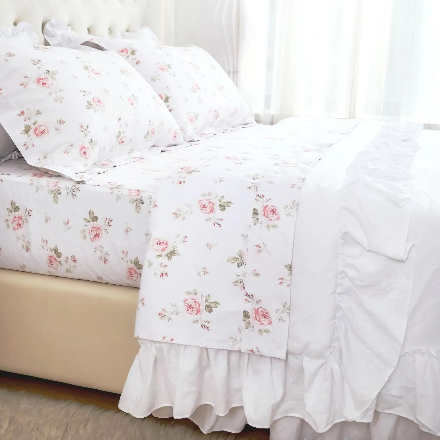 Lady Ann 100% Cotton Floral Queen Sheets Set Deep Pockets, Shabby Vintage Chic Printed Bed Sheets Rose Flower Pattern Cotton Bedding Sheets 4Pcs Extra Soft and Breathable Botanical Sheets