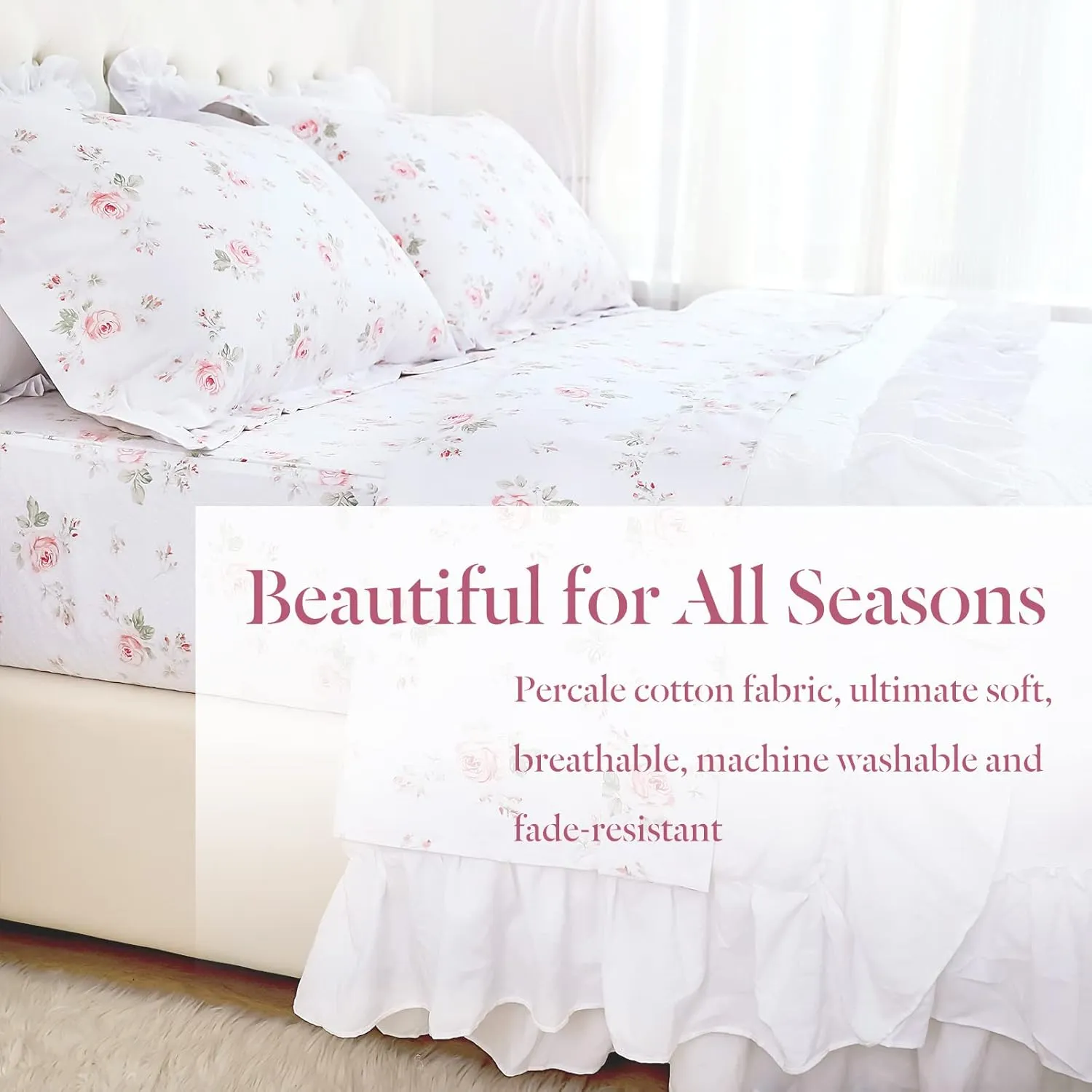 Lady Ann 100% Cotton Floral Queen Sheets Set Deep Pockets, Shabby Vintage Chic Printed Bed Sheets Rose Flower Pattern Cotton Bedding Sheets 4Pcs Extra Soft and Breathable Botanical Sheets