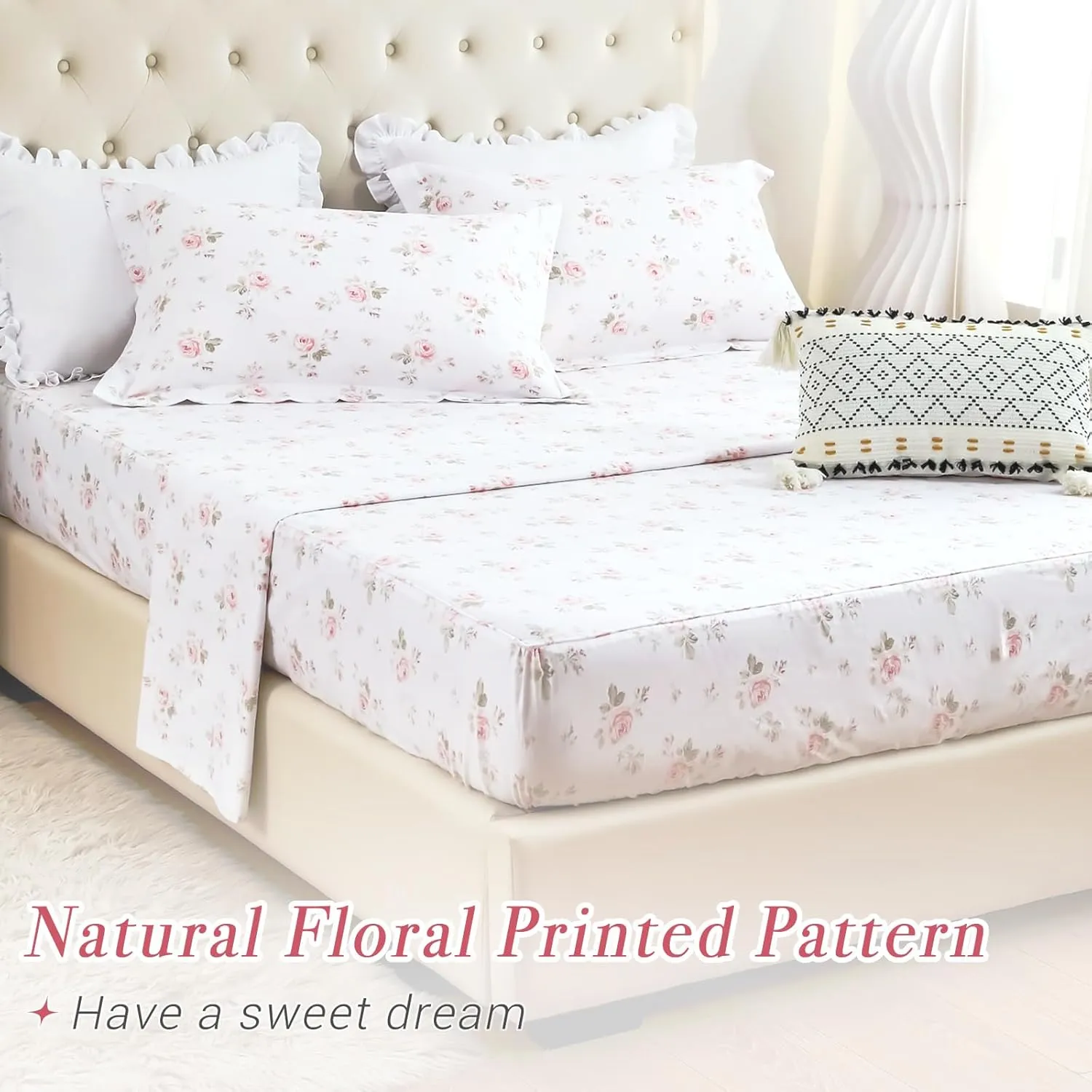 Lady Ann 100% Cotton Floral Queen Sheets Set Deep Pockets, Shabby Vintage Chic Printed Bed Sheets Rose Flower Pattern Cotton Bedding Sheets 4Pcs Extra Soft and Breathable Botanical Sheets