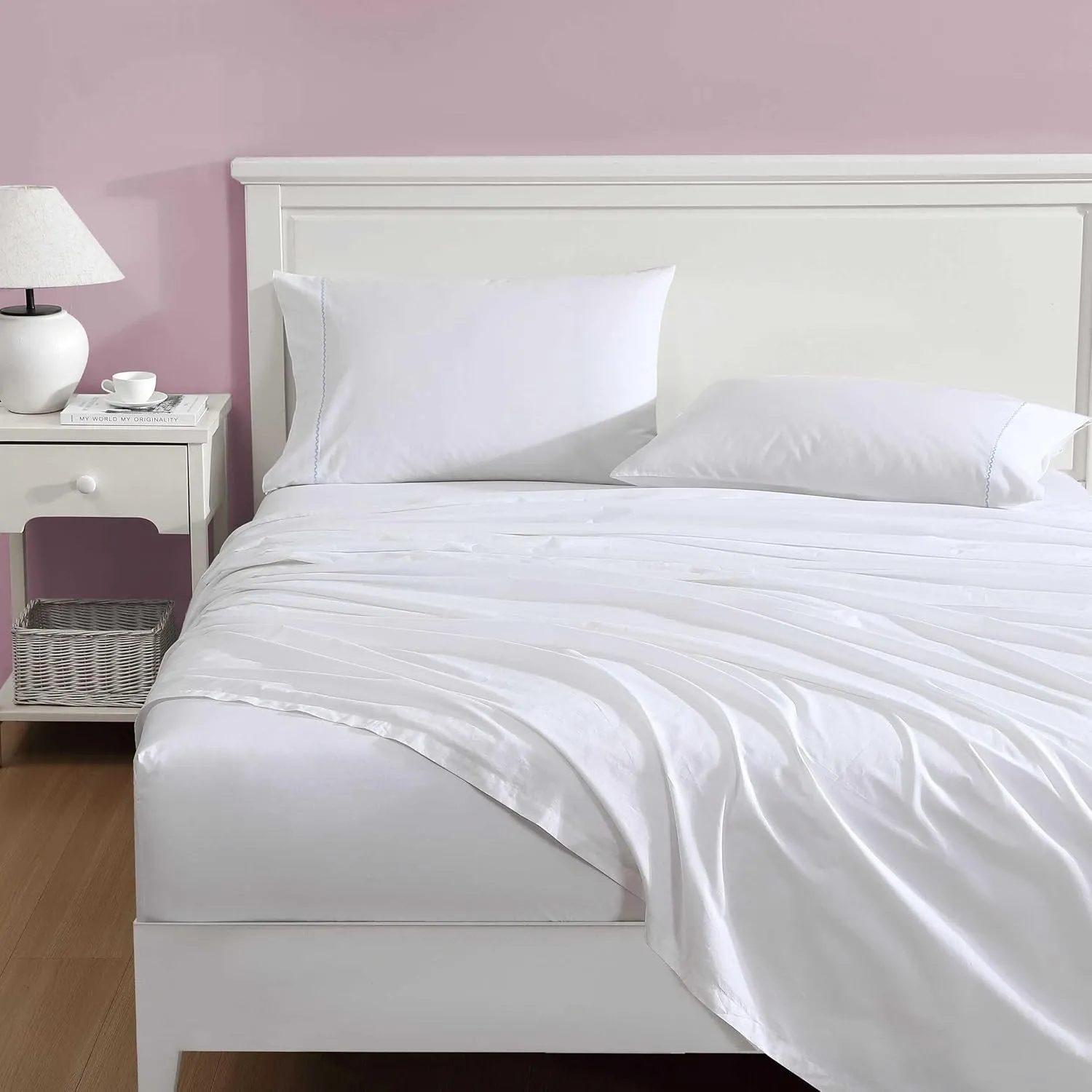 Laura Ashley - Sheet Set, Breathable Cotton Percale Bedding with Matching Pillowcases, Soft Home Decor (Scallop Blue, Full)