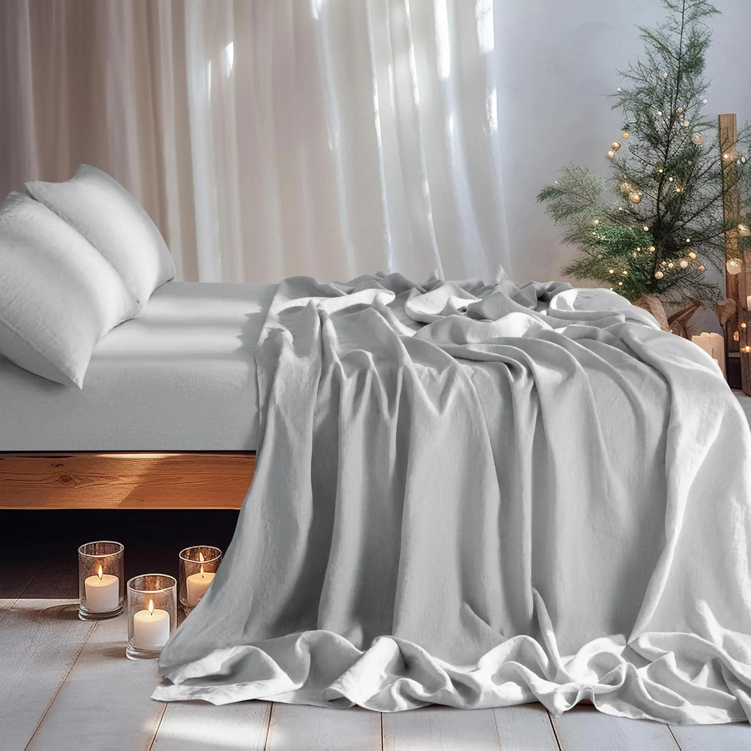LBR02M 100% Linen Sheet Set Queen Size, Bed Sheets 4 Piece Sets, Solid Color Natural Flax Bed Sheets Soft Breathable Bedding,16" Deep Pocket,All Season (Queen, Grey)