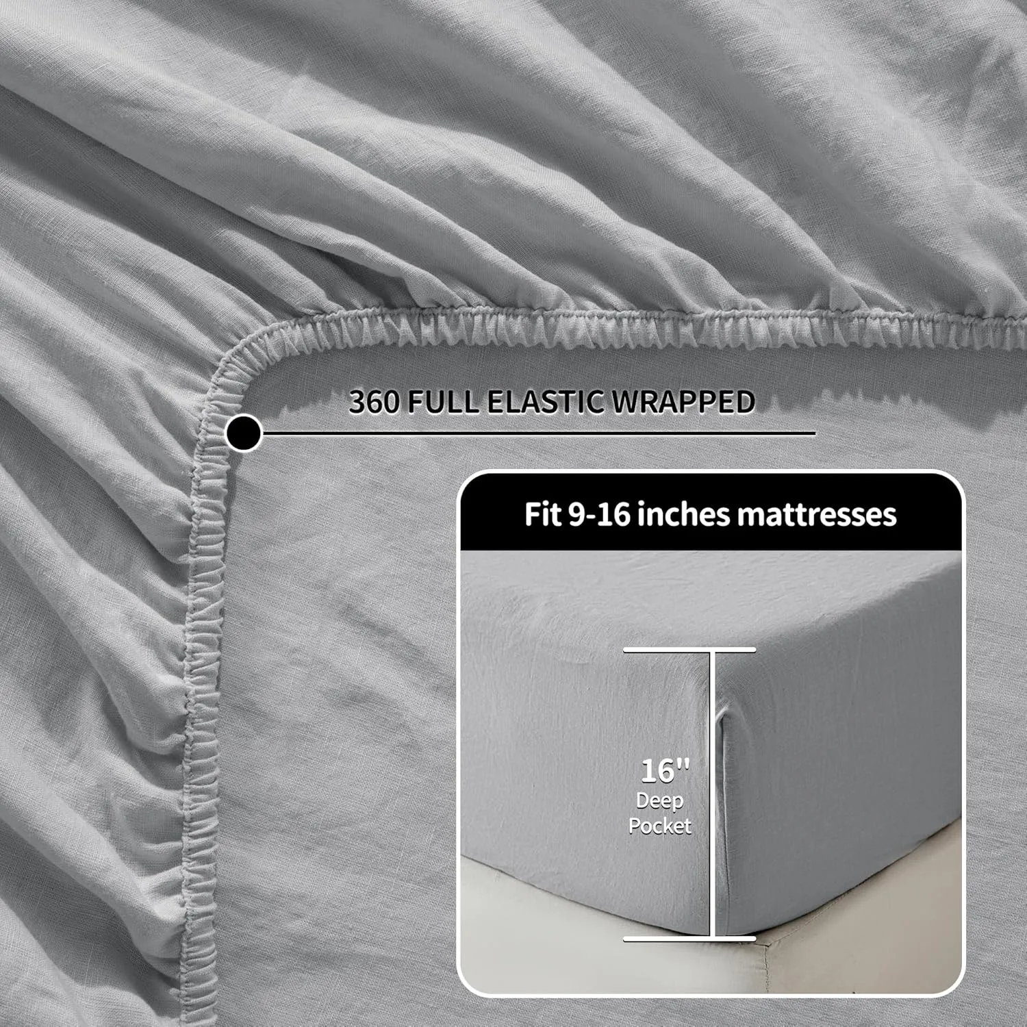 LBR02M 100% Linen Sheet Set Queen Size, Bed Sheets 4 Piece Sets, Solid Color Natural Flax Bed Sheets Soft Breathable Bedding,16" Deep Pocket,All Season (Queen, Grey)