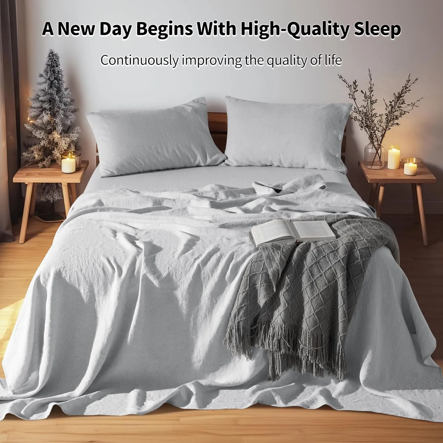 LBR02M 100% Linen Sheet Set Queen Size, Bed Sheets 4 Piece Sets, Solid Color Natural Flax Bed Sheets Soft Breathable Bedding,16" Deep Pocket,All Season (Queen, Grey)