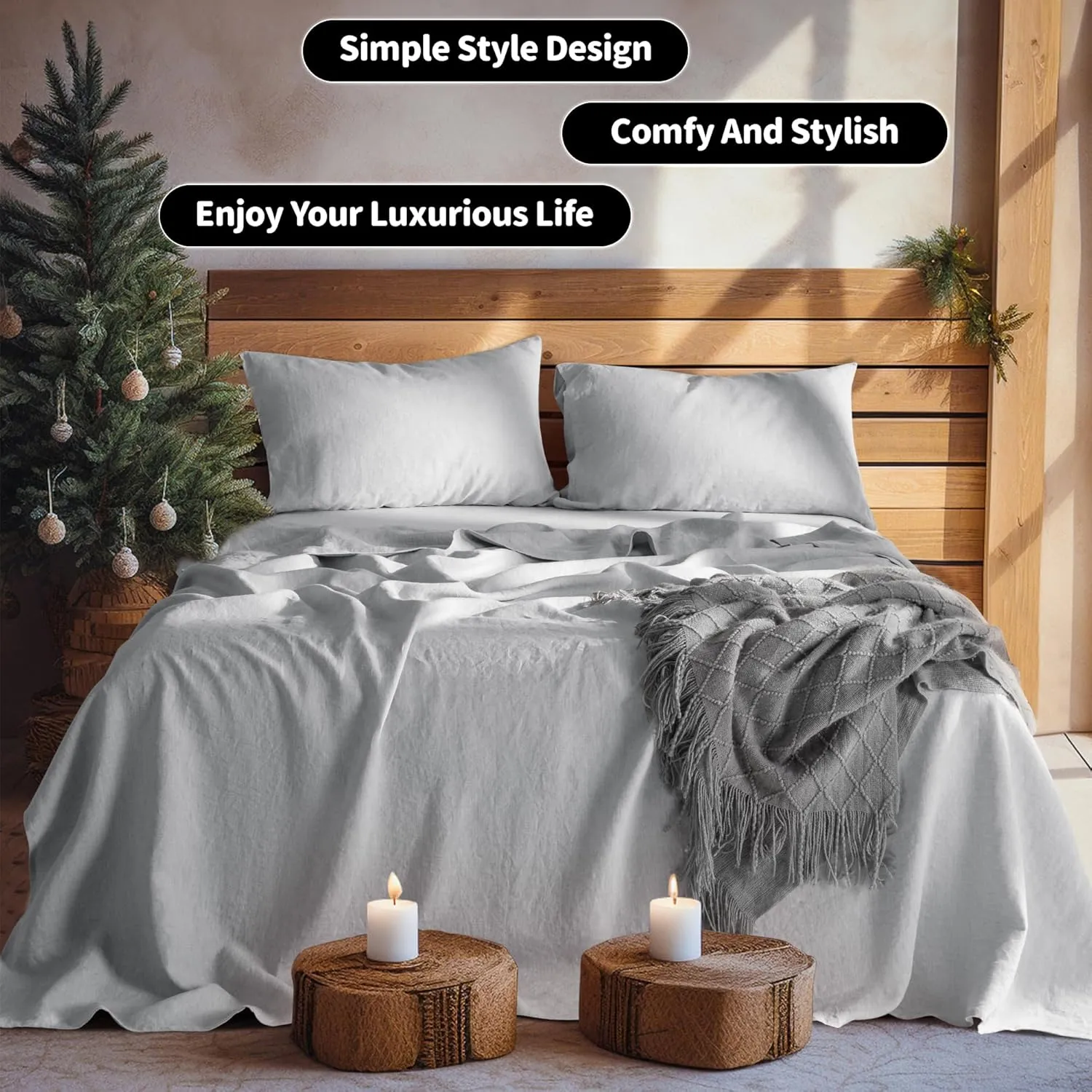 LBR02M 100% Linen Sheet Set Queen Size, Bed Sheets 4 Piece Sets, Solid Color Natural Flax Bed Sheets Soft Breathable Bedding,16" Deep Pocket,All Season (Queen, Grey)