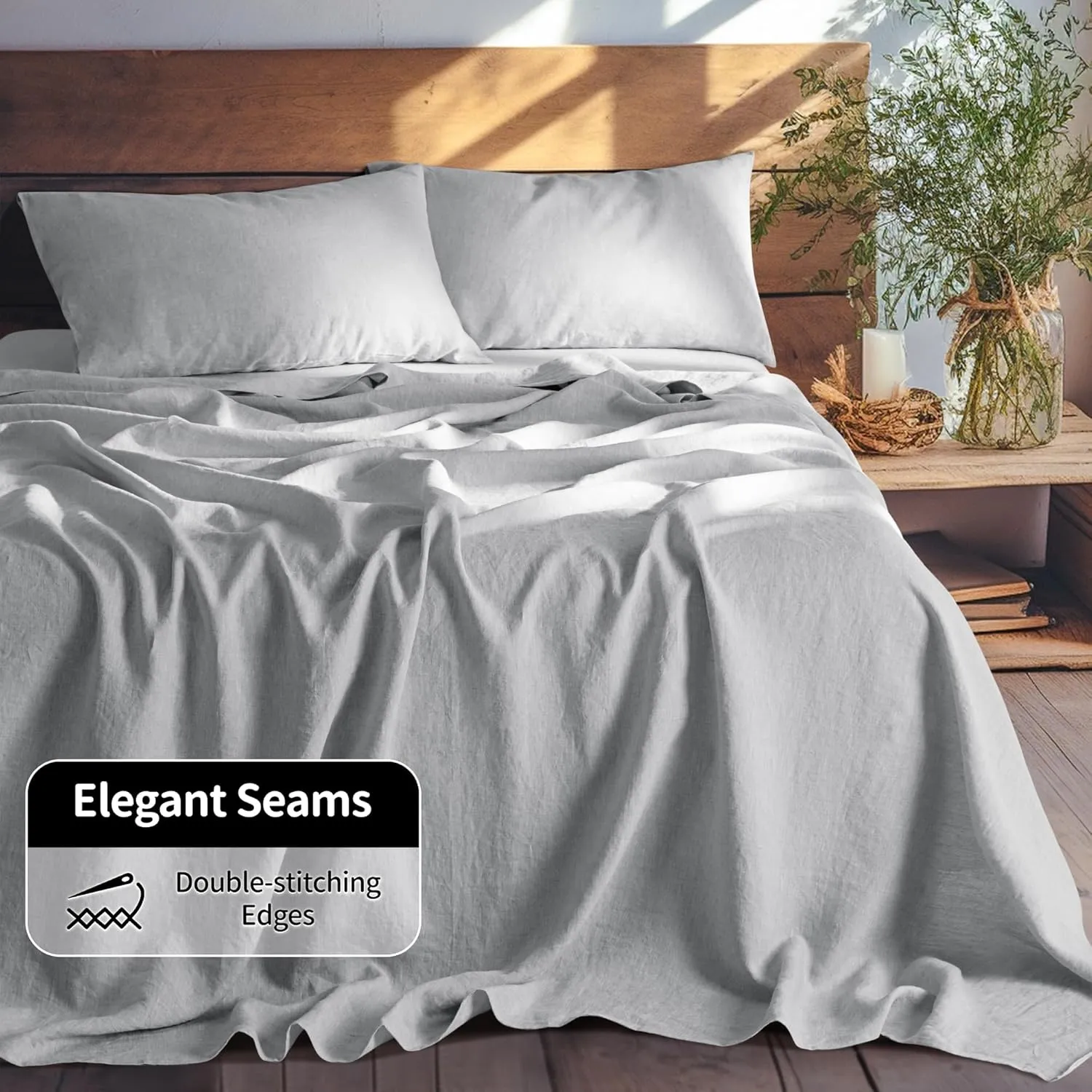 LBR02M 100% Linen Sheet Set Queen Size, Bed Sheets 4 Piece Sets, Solid Color Natural Flax Bed Sheets Soft Breathable Bedding,16" Deep Pocket,All Season (Queen, Grey)