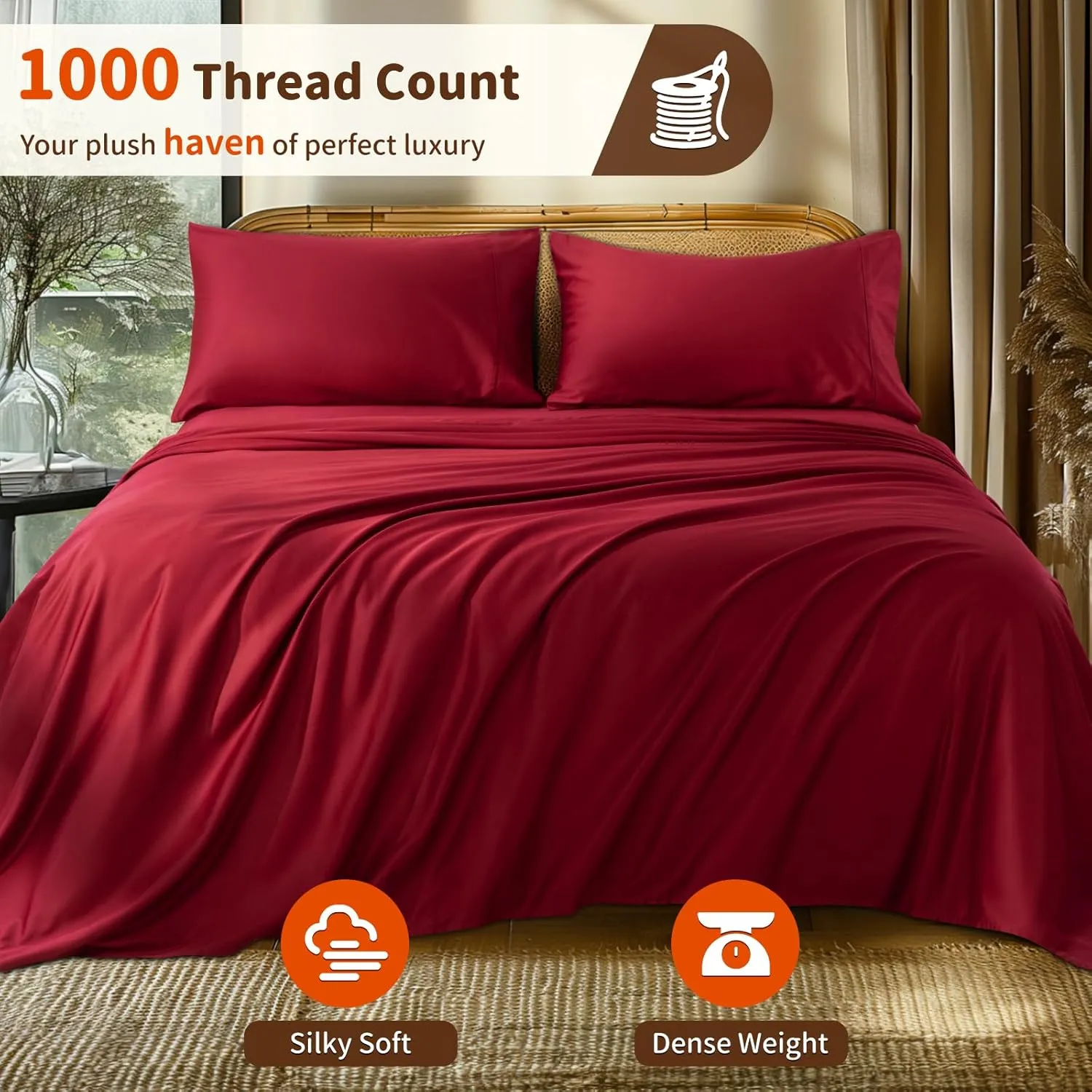 LBRO2M 1000 Thread Count 100% Egyptian Cotton Sheets Set King Size, 4 Piece Sets Bed Sheet Deep Pocket Sheet Set 16" Soft Comfortable All Season (King, Burgundy)