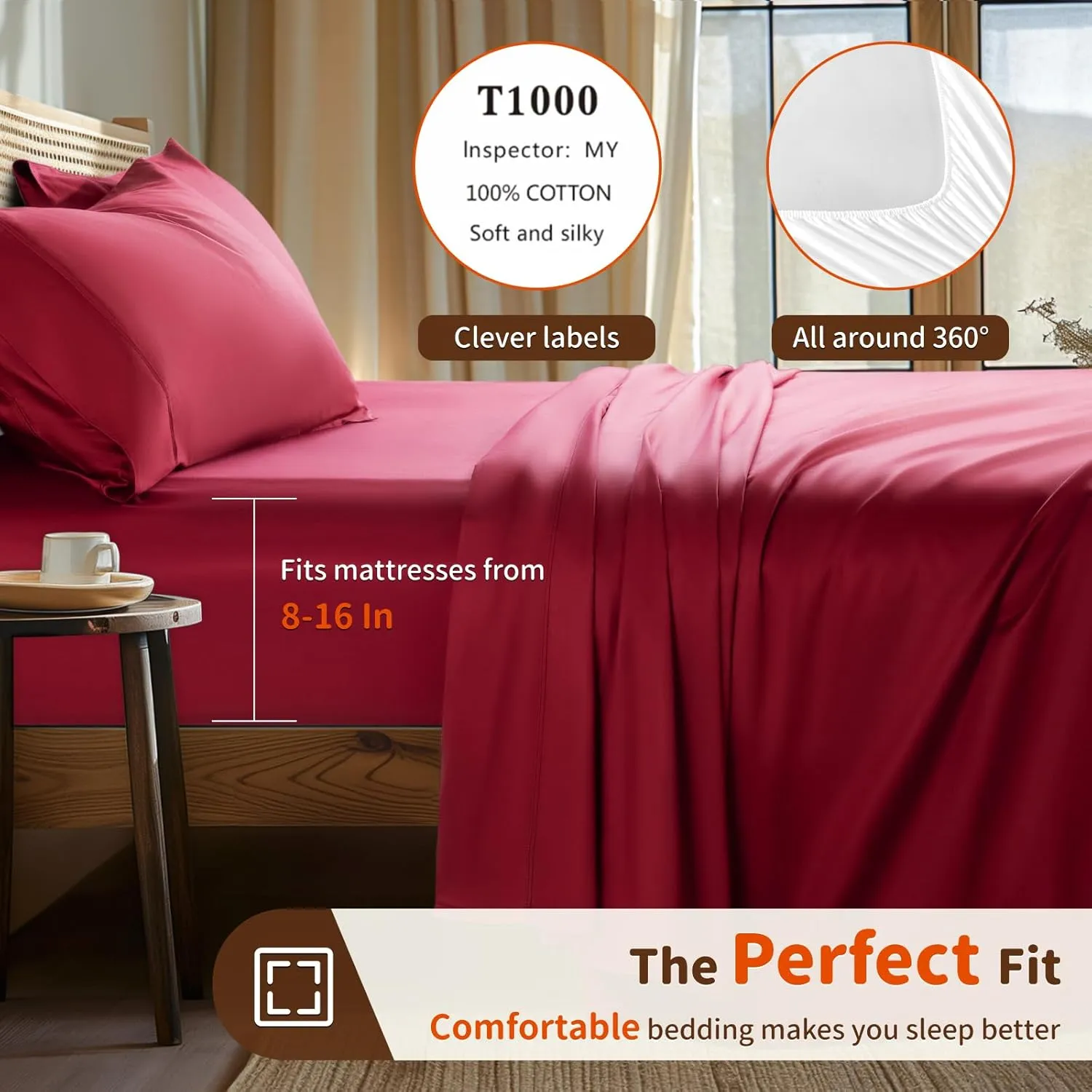 LBRO2M 1000 Thread Count 100% Egyptian Cotton Sheets Set King Size, 4 Piece Sets Bed Sheet Deep Pocket Sheet Set 16" Soft Comfortable All Season (King, Burgundy)