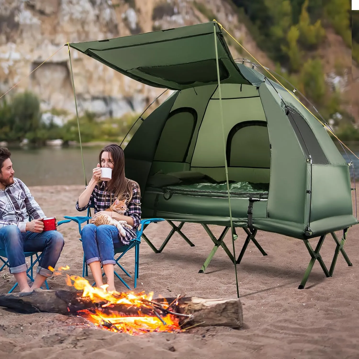 LDAILY Camping Tent Cot, 5 in 1 Off Ground Elevated Tent with Air Mattress, Sleeping Bag & Pillow, Folding Camping Cot Combo with Carrying Bag for Outdoor Hiking, RV, Picnic, Field Backyard (2 Person)