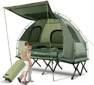 LDAILY Camping Tent Cot, 5 in 1 Off Ground Elevated Tent with Air Mattress, Sleeping Bag & Pillow, Folding Camping Cot Combo with Carrying Bag for Outdoor Hiking, RV, Picnic, Field Backyard (2 Person)