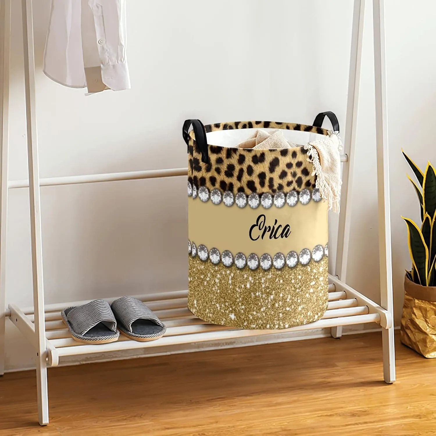 Leopard Print Golden Personalized Waterproof Foldable Laundry Basket Bag with Handle, Custom Collapsible Clothes Hamper Storage Bi