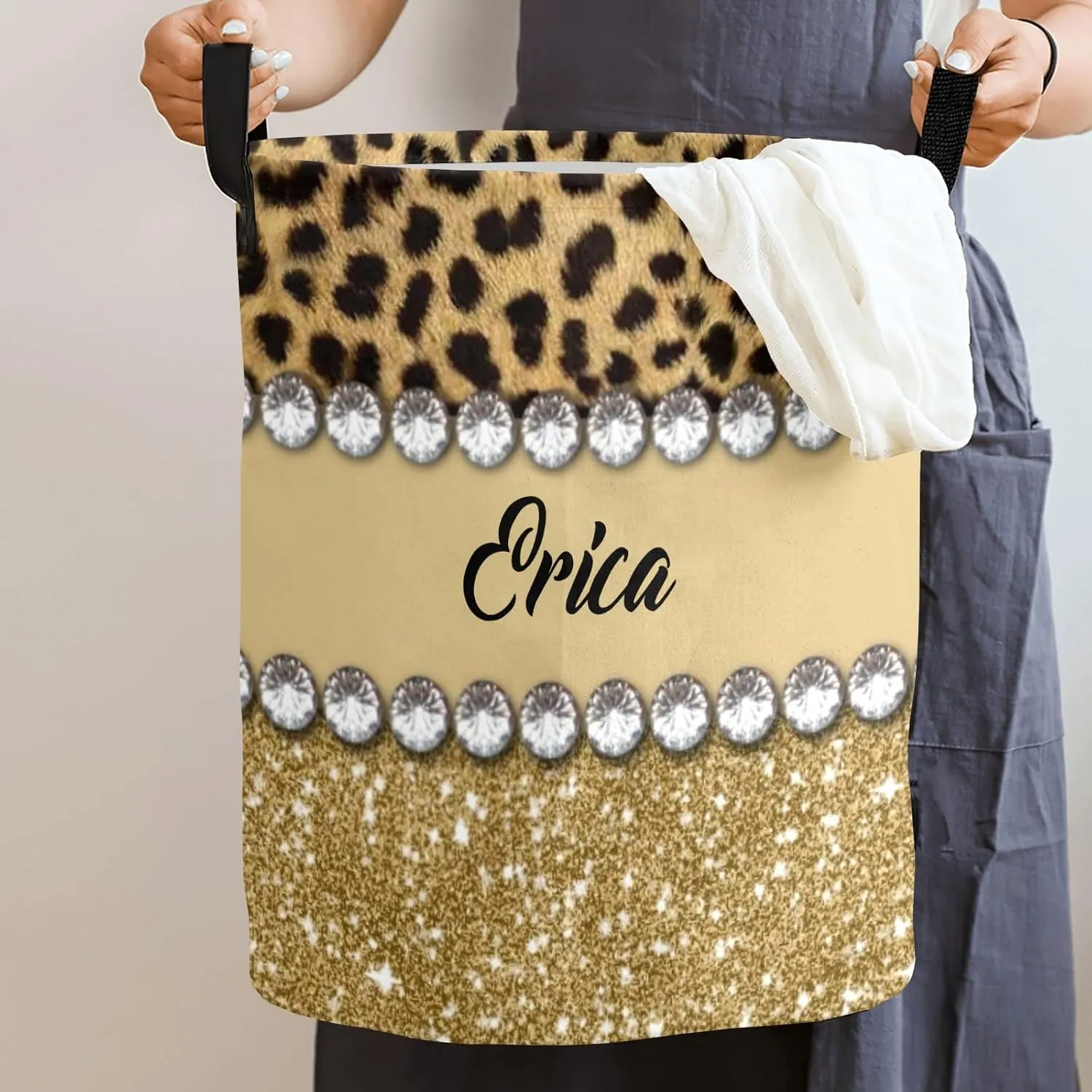 Leopard Print Golden Personalized Waterproof Foldable Laundry Basket Bag with Handle, Custom Collapsible Clothes Hamper Storage Bi