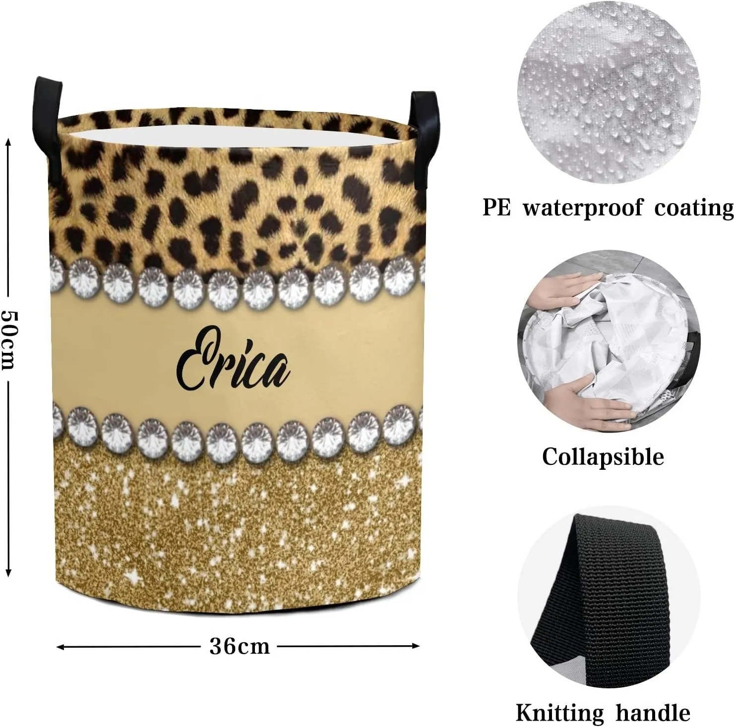 Leopard Print Golden Personalized Waterproof Foldable Laundry Basket Bag with Handle, Custom Collapsible Clothes Hamper Storage Bi