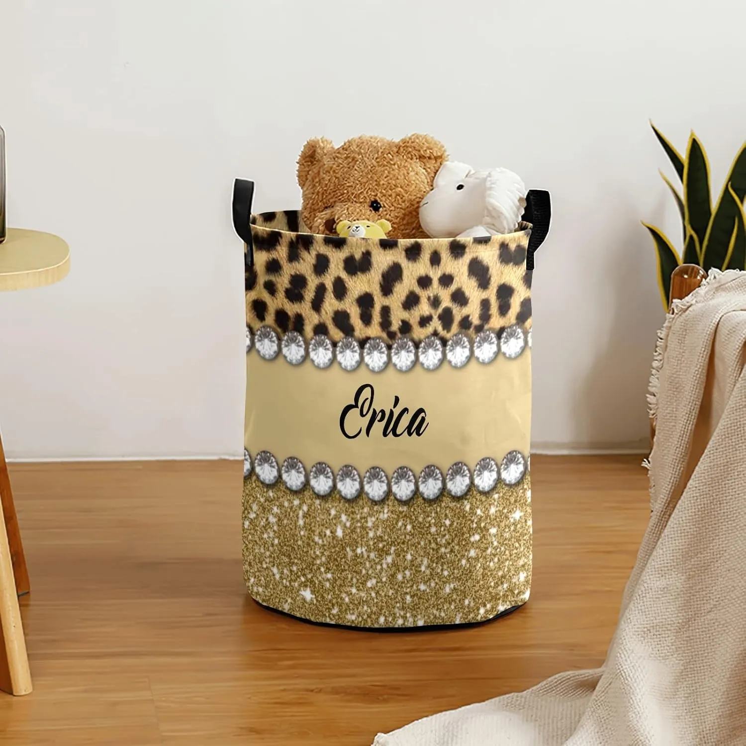 Leopard Print Golden Personalized Waterproof Foldable Laundry Basket Bag with Handle, Custom Collapsible Clothes Hamper Storage Bi