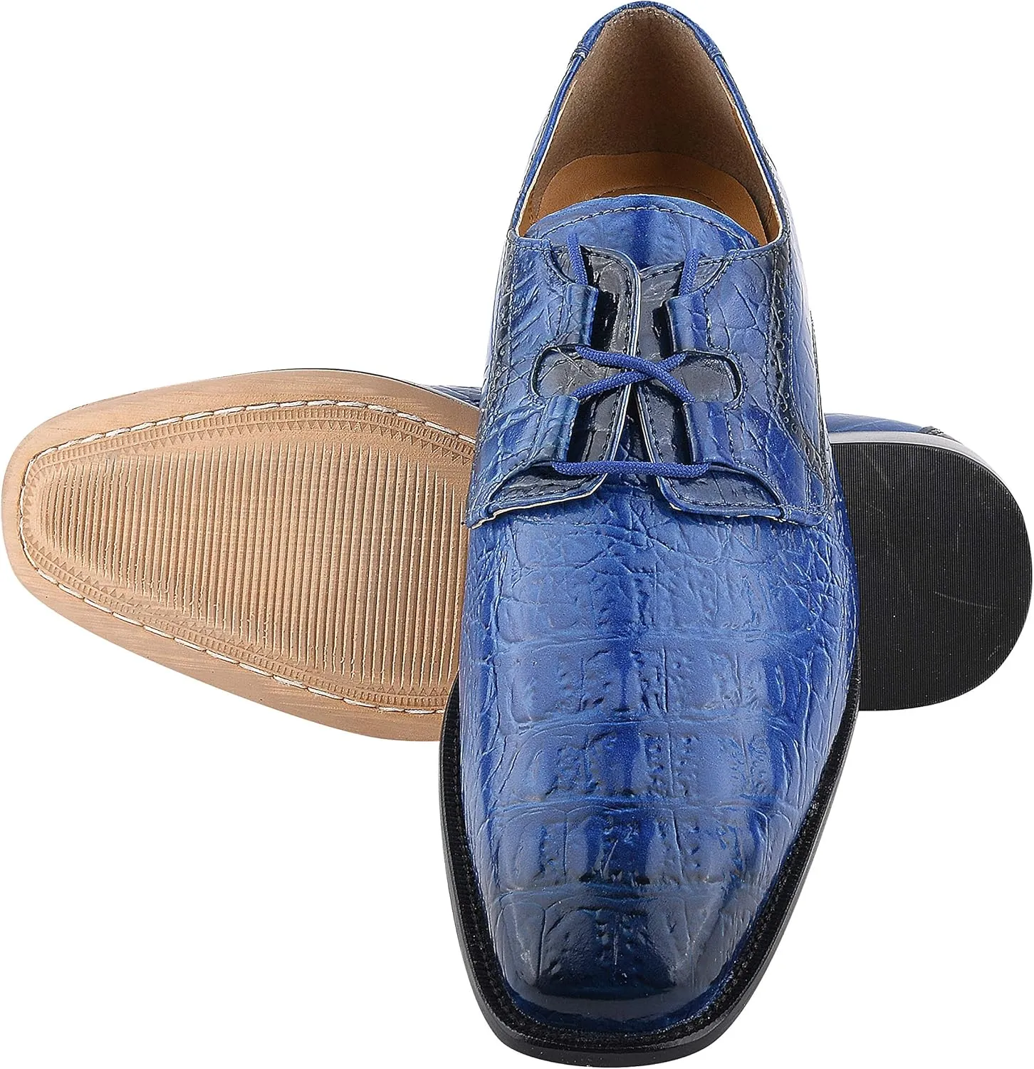 LIBERTYZENO Mens Plain & Animal Print Blue Genuine Leather Adults Lace Up Oxford Dress Shoes for Prom Graduation