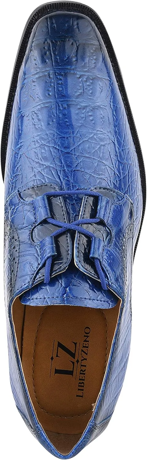 LIBERTYZENO Mens Plain & Animal Print Blue Genuine Leather Adults Lace Up Oxford Dress Shoes for Prom Graduation