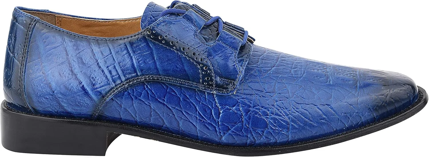 LIBERTYZENO Mens Plain & Animal Print Blue Genuine Leather Adults Lace Up Oxford Dress Shoes for Prom Graduation