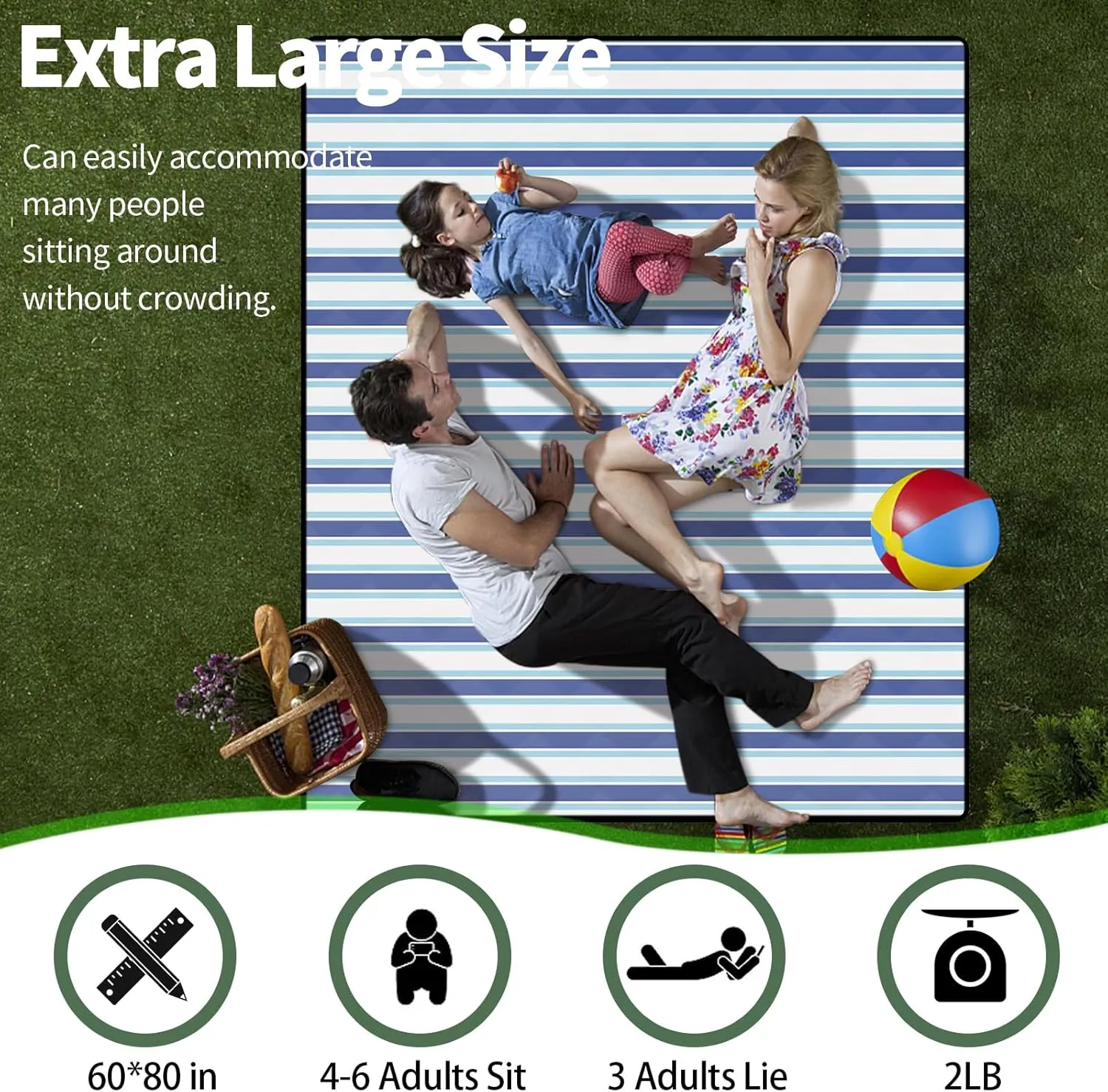 Lightweight Waterproof 60x80'' Picnic Blankets Huge Anti Sand Packable Beach Grass Park Matt Fold up Camping Tent Rug for Inside Summer Camp Roadtrip Gear Backpacking Travel Trailer Essential