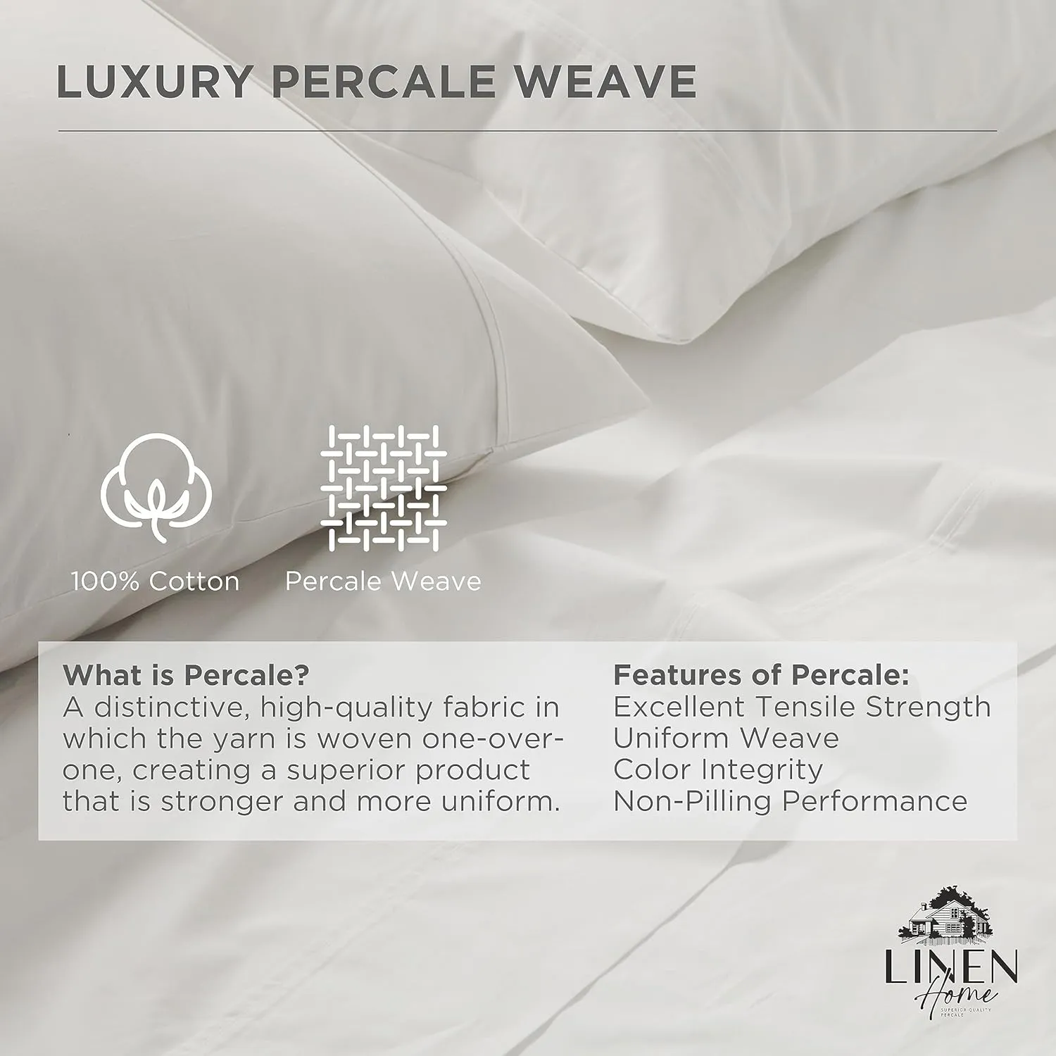 Linen Home 100% Cotton Fagotine Percale Sheet Set, King Size, White, 4 Pieces - 1 Flat, 1 Deep Pocket Fitted Sheet and 2 Pillowcases, Breathable, Crisp Cool and Strong Bed Linen
