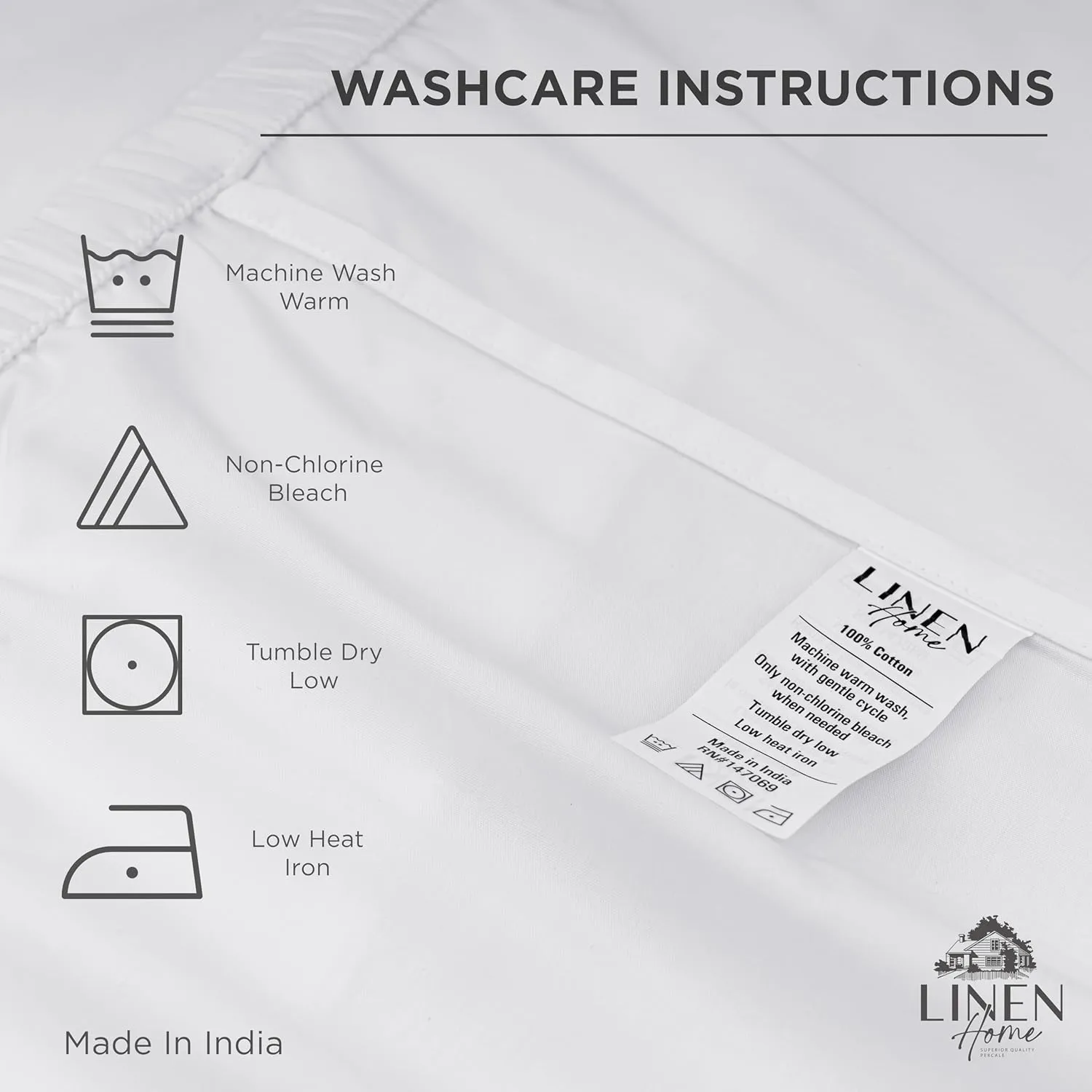 Linen Home 100% Cotton Fagotine Percale Sheet Set, King Size, White, 4 Pieces - 1 Flat, 1 Deep Pocket Fitted Sheet and 2 Pillowcases, Breathable, Crisp Cool and Strong Bed Linen