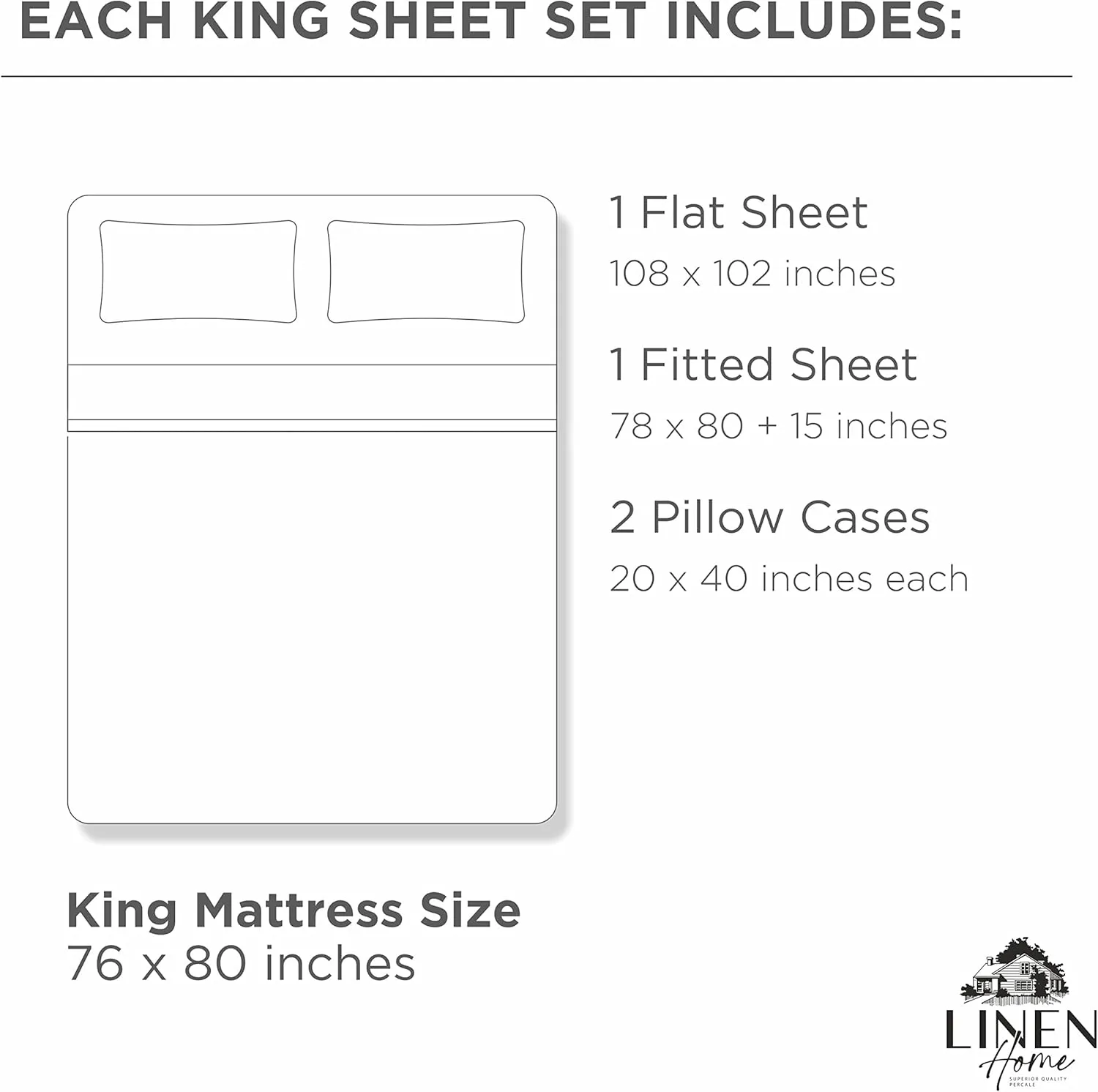 Linen Home 100% Cotton Marrow Percale Sheet Set, King Size, Mauve Lavender, 4 Pieces - 1 Flat, 1 Deep Pocket Fitted Sheet and 2 Pillowcases, Breathable, Crisp Cool and Strong Bed Linen