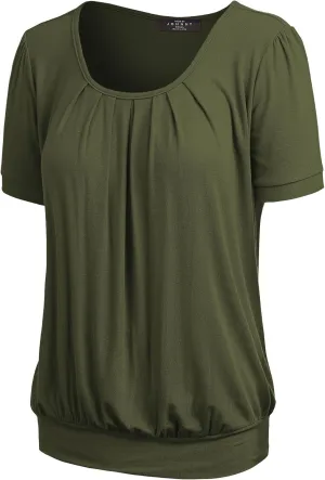 LL Womens Scoop Neck Short Sleeve Front Pleated Tunic - Made in USA