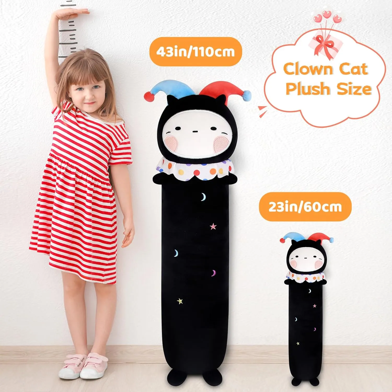 Long Cat Plush, 43inch Black Cat Body Pillow for Kids Cute Clown Black Cat Stuffed Animals, Cartoon Kids Body Pillow for Boys and Girls Halloween Christmas Birthday Gift