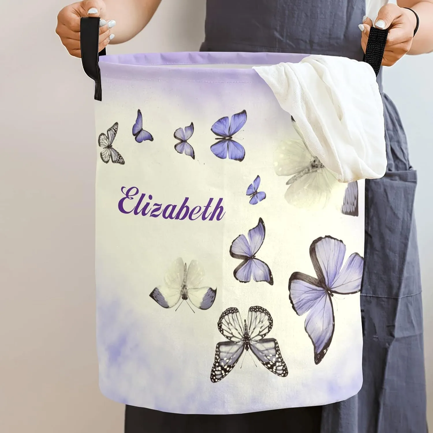 Lovely Butterflies Personalized Waterproof Foldable Laundry Basket Bag with Handle, Custom Collapsible Clothes Hamper Storage Bin for Toys Laundry Dorm Travel Bathroom
