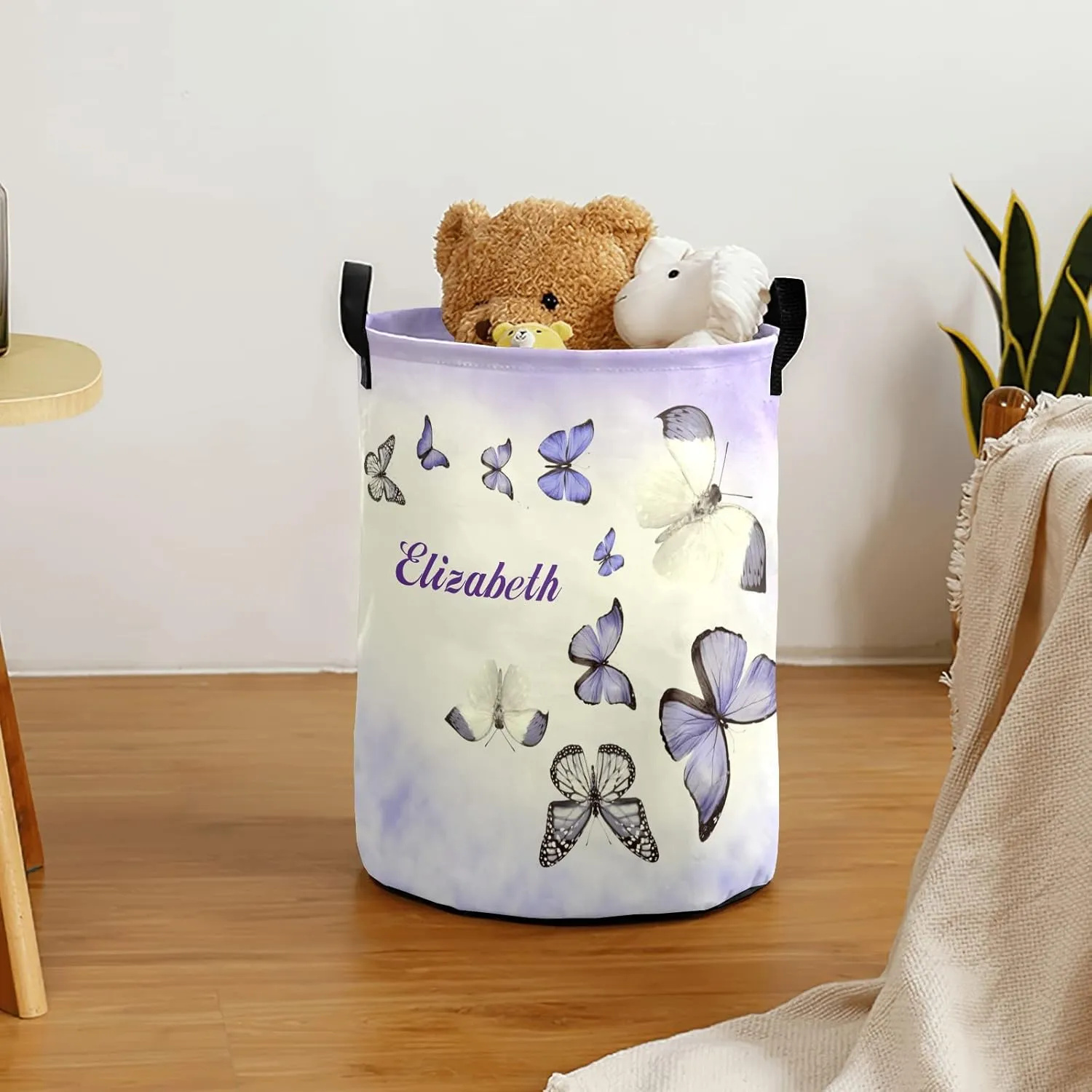 Lovely Butterflies Personalized Waterproof Foldable Laundry Basket Bag with Handle, Custom Collapsible Clothes Hamper Storage Bin for Toys Laundry Dorm Travel Bathroom
