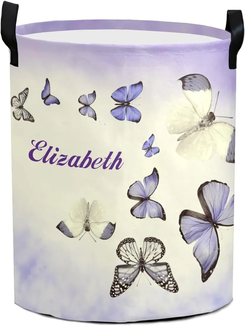 Lovely Butterflies Personalized Waterproof Foldable Laundry Basket Bag with Handle, Custom Collapsible Clothes Hamper Storage Bin for Toys Laundry Dorm Travel Bathroom